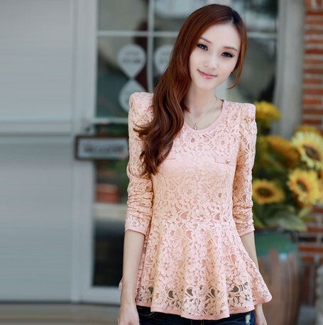 2014春装新款韩版<em>女装</em>圆领<em>长袖衫</em>蕾丝上衣打