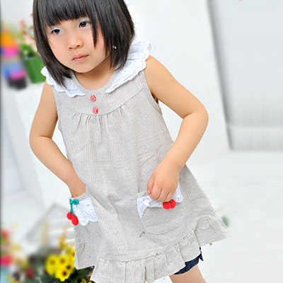 2012新款/女童夏装/裙/童装/连衣裙/樱桃条纹女童短袖连衣裙