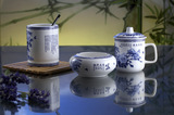 青花瓷笔筒 烟灰缸 茶杯三件套 创意景德镇陶瓷礼品 带盖商务杯子