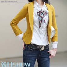 春装新款毛呢小西装外套女式休闲<span class=H>呢子</span>修身显瘦西服短款黄色外套