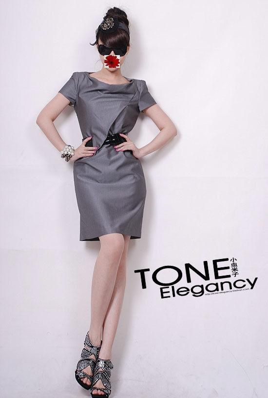[L00932]ToneE 小虫米子 OL至爱 修身腰带裙 银灰调气质女人