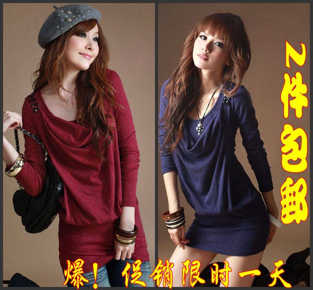 2011秋冬女装 低领修身假两件套长袖打底衫 内搭长款t恤裙连衣裙