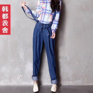  韩都衣舍正品牌折扣女装春装新品复古中腰蝴蝶结背带裤牛仔裤