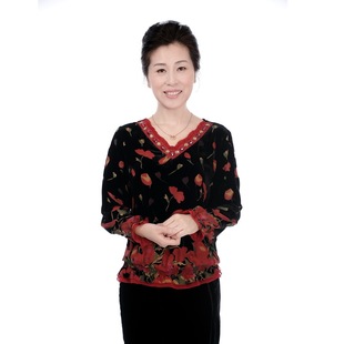  中老年女装真丝绒上衣 春秋季新品正品牌高档妈妈装长袖t恤