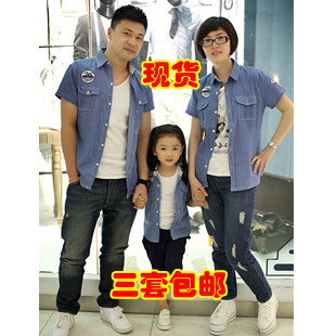  亲子装夏装全家装款父子母女情侣纯棉短袖牛仔衬衫一家三口装