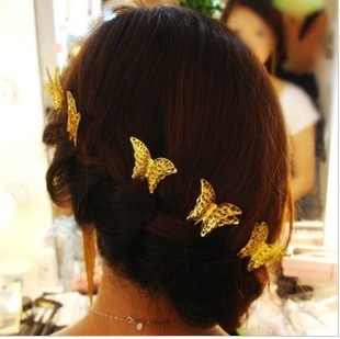  新娘饰品结婚配饰头饰小发簪发夹发饰头饰u型夹发插金色双层蝴蝶