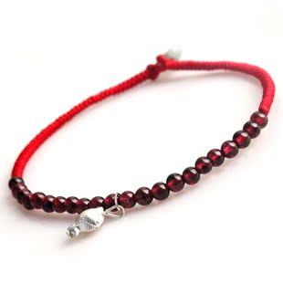  轩玺 天然水晶酒红石榴石脚链 本命年开运红绳饰品 女辟邪防小人