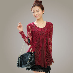  韩版春装新款淑女气质圆领长袖修身雪纺蕾丝衫 女装打底衫
