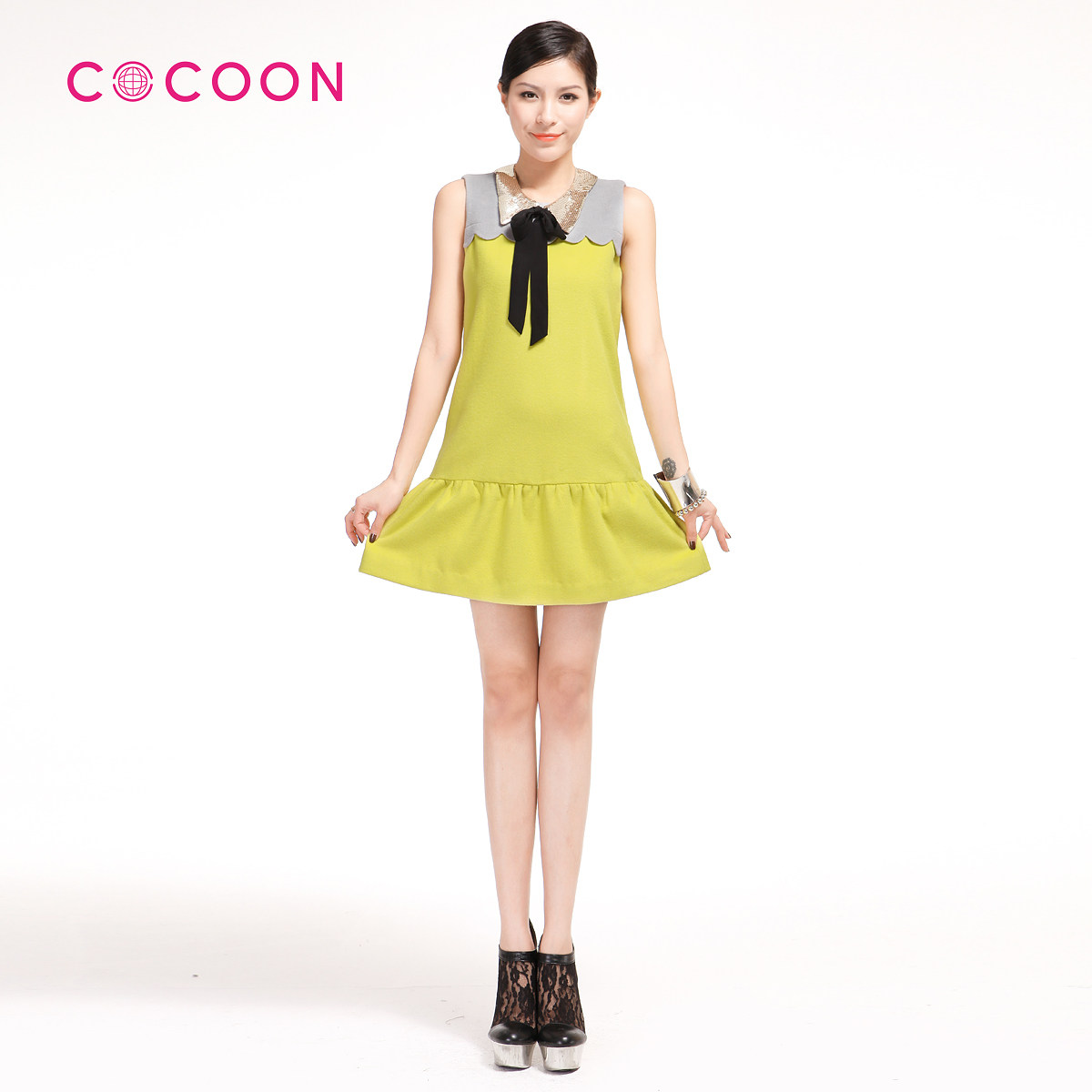 COCOON可可尼2012新品波浪撞色拼接羊绒连衣裙714202010