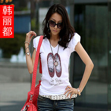 韩丽都2012夏装新款女装 韩版V领泡泡袖女装大码t恤 短袖 女82034