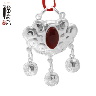  福老太宝宝纯银玛瑙长命锁 990足银儿童首饰 婴儿平安锁 宝宝银锁