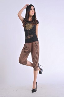 2012新款女款咖啡色七分裤素色哈伦裤高腰裤