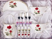 韩国进口厨美餐具英式骨瓷咖啡杯，红茶花杯9p套装礼盒红玫瑰
