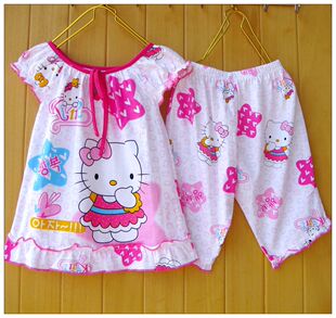  两件包邮儿童睡衣女童夏季纯棉短袖中裤套装凯蒂猫圆领女孩家居服