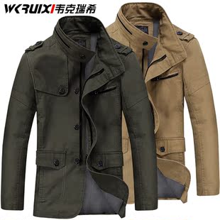  韦克瑞希秋冬男士外套纯棉水洗中长款休闲夹克男装立领修身