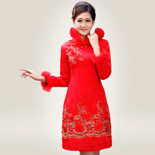  红色冬季复古新娘敬酒服 结婚改良时尚长袖短款夹棉旗袍 晚礼服