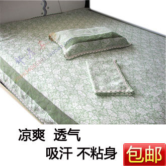 艺佳亚麻凉席三件套/双人床凉席/加大加厚亚麻席 绿色荷花多尺寸
