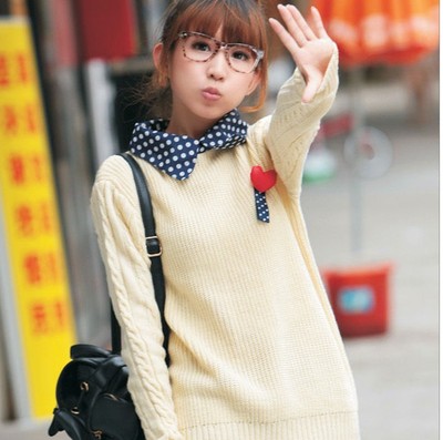 标题优化:2014冬季新款韩版女装波点假两件衬衣领时尚学生毛衣外套女学院风