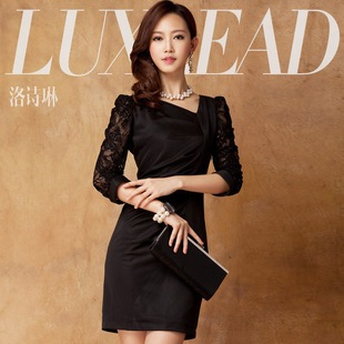  luxlead洛诗琳 秋装新品 蕾丝 黑色修身连衣裙秋 秋冬连衣裙