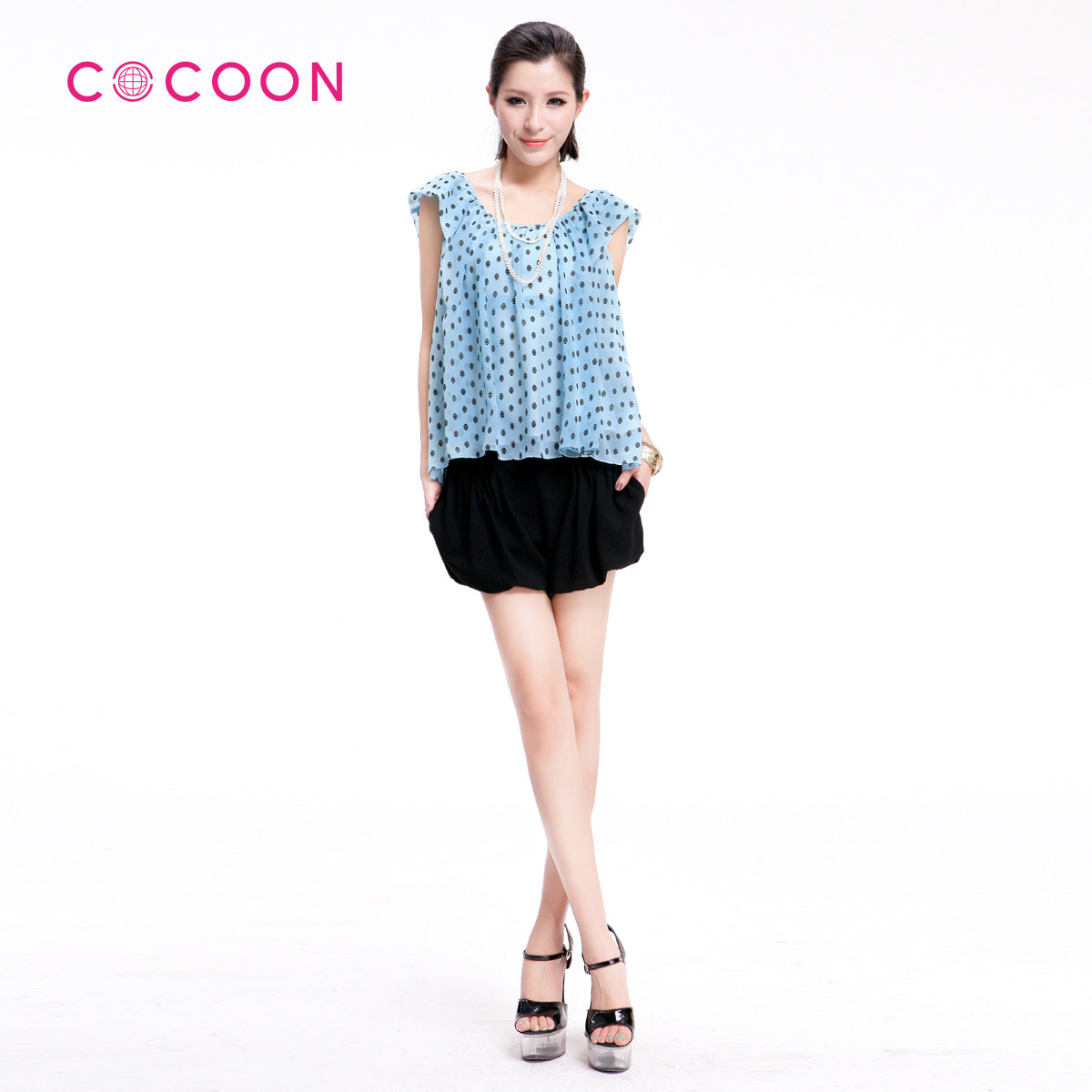 COCOON2012新品波点荷叶袖雪纺短袖上衣两件套312304018原价799