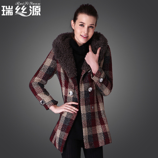  瑞丝源品牌女装秋装新款复古格子双排扣带帽毛呢大衣11179