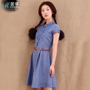  INMAN茵曼夏装新款立领刺绣短袖修身连衣裙Y822102596
