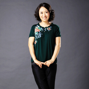  新款中老年品牌女装 花边圆领印花T恤 妈妈装夏装T恤916