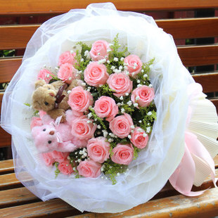 粉玫瑰19朵花束送2小熊生日送花爱情，恋情买花情人节七夕端午节花