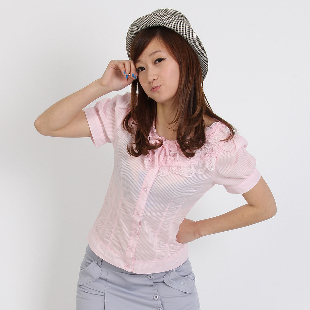 彬伊奴2012夏季新品韩版花边泡泡袖条纹时尚修身短袖<span class=H>衬衫</span> <span class=H>女</span>