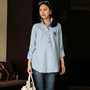 Add your maternity dresses spring summer Korean pregnant women pregnant women  long sleeve linen shirt shirts 055