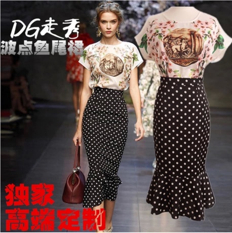 2014欧美DG走秀款 刘涛 同款波点鱼尾裙 韩国