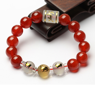  开光属猪兔羊年吉祥物 水晶红玛瑙三奇亥卯未青龙四神兽手链