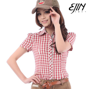2012春夏秋热卖韩版修身时尚百搭泡泡袖女短袖纯棉格子衬衫