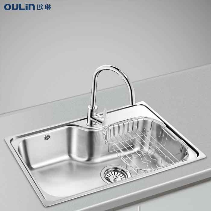 欧琳oulin正品 大单槽水槽 不锈钢 OLWG7549套餐(龙头 沥水篮)