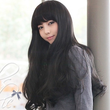 韩国假发旗舰店 甜美女生齐刘海黑色 长卷大波
