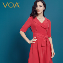 VOA印花重磅真丝西装领五分袖宽腰带ol中款裹衣连身裙A0275图片