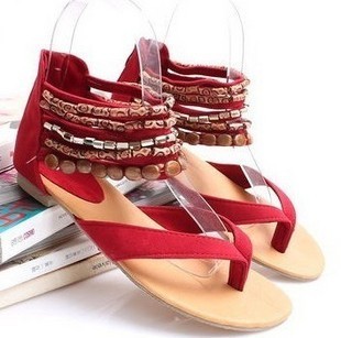  清仓春夏串珠平跟淑女园头平底凉鞋凉鞋波西米亚潮韩国女式鞋