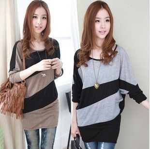 拼接蝙蝠衫长袖T恤裙...