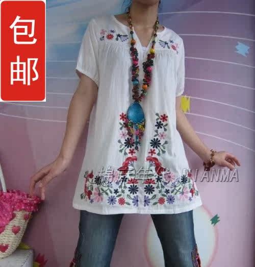 包邮2012大码女装胖mm夏装新款<span class=H>江南布衣</span>风森女刺绣短袖娃娃长衬衫
