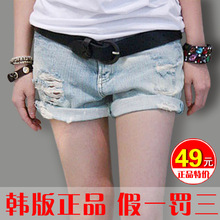 正品包邮 2012夏季复古牛仔短裤 女韩版<span class=H>宽松</span>卷边磨破洞短裤有大码