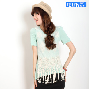  润乙一夏季新款休闲女装甜美圆领棉质t恤流苏蕾丝短袖T恤1558