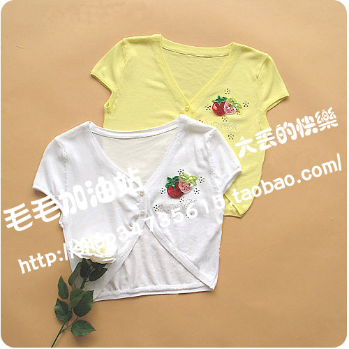草莓针织衫<em>超短小外套</em>珍珠扣砍<em>肩</em>披肩冰丝<em>开衫</em>