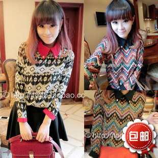  包邮潮气质 带领子打底衫 翻领印花长袖蕾丝雪纺衫 带领打底衫女