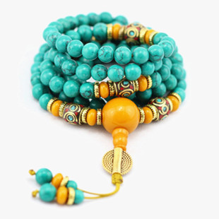  开光藏式尼泊尔绿松石佛珠手链 108颗佛珠念珠配蜜蜡男士女款手链