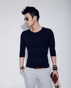 韩版七分袖紧身莱卡T恤男圆领中袖体恤修身纯棉打底衫潮