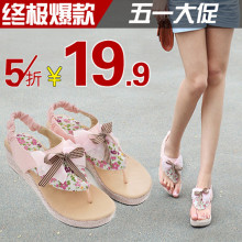 蝴蝶结花朵防水台人字罗马鞋 新品 坡跟凉鞋 夏季 厚底松糕夹趾女鞋 子