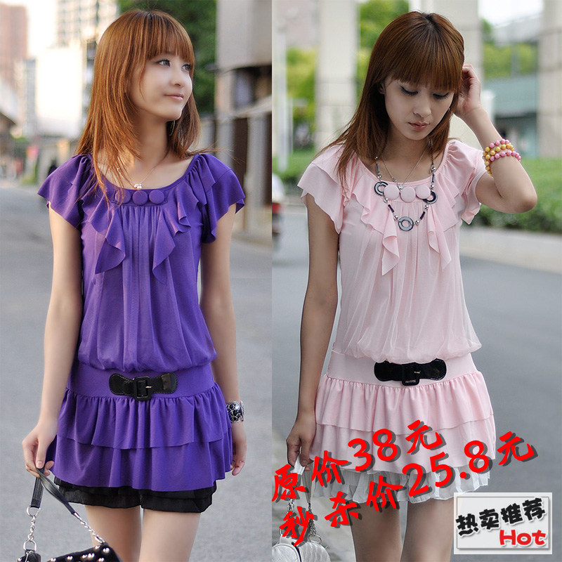 夏装2011新品新款韩版女装雪纺裙甜美圆领蕾丝木耳边连衣裙A5133 价格:38.00