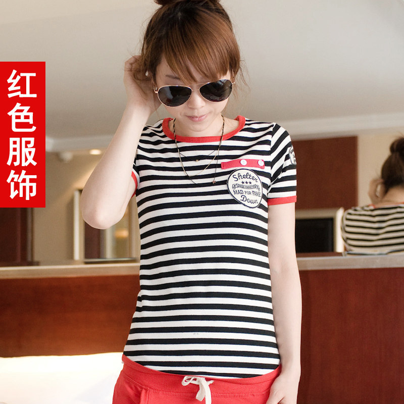 红色服饰 春装新品2011 夏装新款韩版女装海军条纹短袖T恤2905 价格:49.00