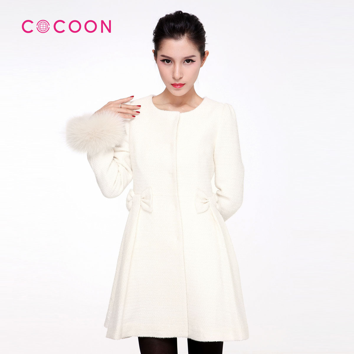 COCOON可可尼2012新品奢华圆领狐狸毛羊绒大衣风衣714112004
