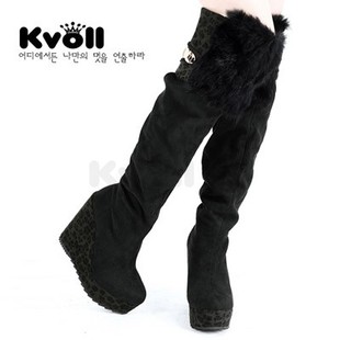 冬季kvoll女鞋女靴子黑色绒面 豹纹兔毛拼接厚底系带坡跟过膝长靴